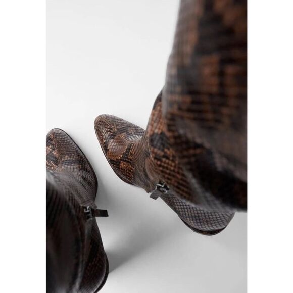 ZARA Snakeskin Print Knee High Boots Block Heel Brown Faux Leather Size US 7.5 - Picture 8 of 10